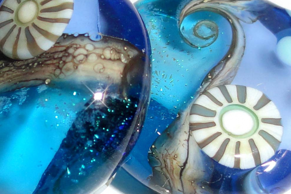 Lampwork Glass Beads Sparkling Sea Tabs One Pair Sparkle Aqua Ocean Water Blue Swirl Beach Beatlebaby Sra Handmade Beatlebaby Glassworks